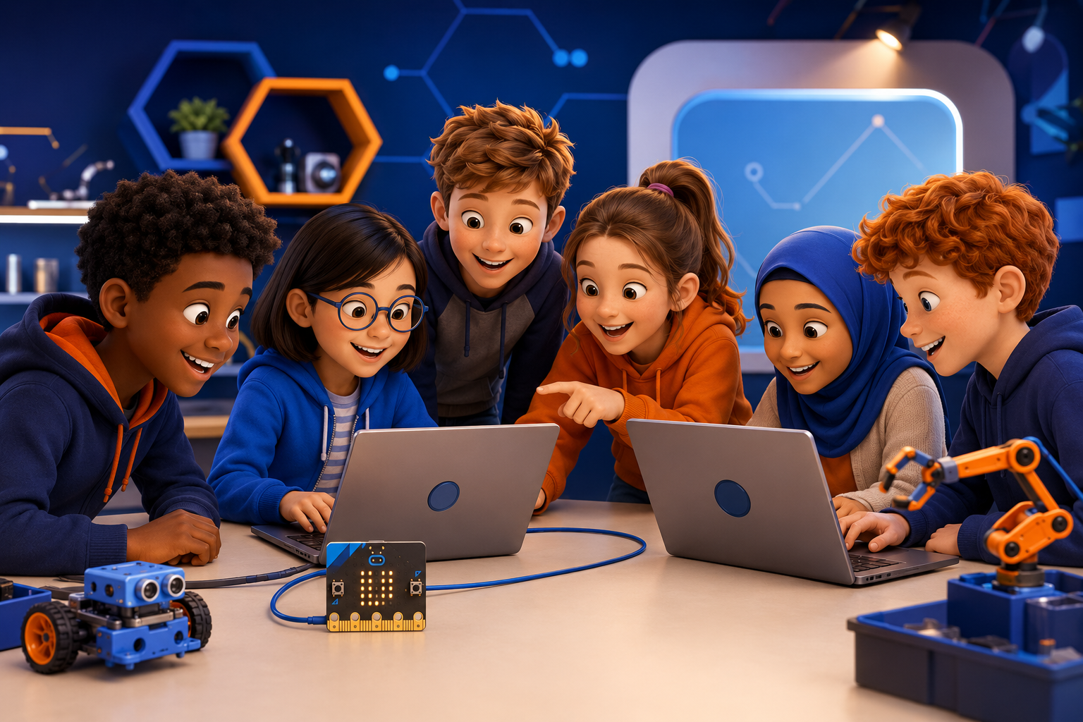 Children learning robotics and coding together